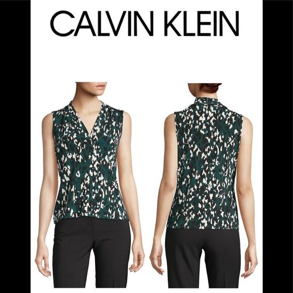 Calvin Klein emerald green black white Sleeveless Leopard-Print Blouse Sz XS - Picture 1 of 12